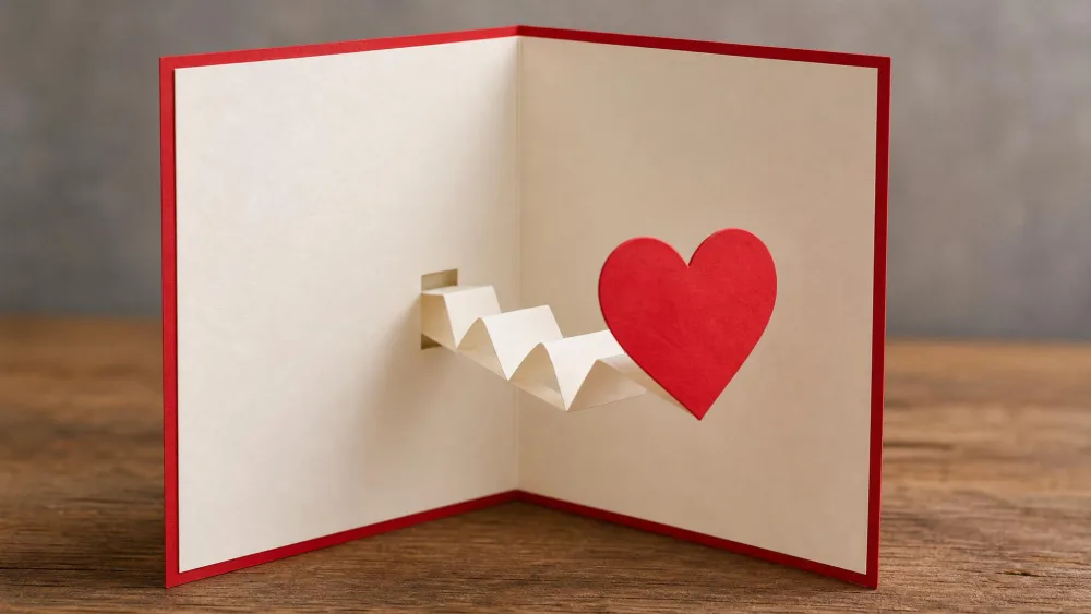 Open card with a red heart springing forward on a folded paper strip.