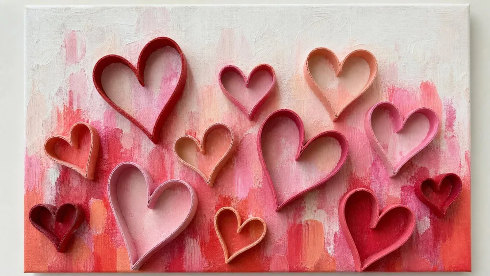 Painted cardboard-tube rings pinched into hearts and glued on a canvas.