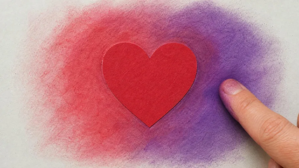 Fingertip smudging blended red and purple chalk pastel around a glued heart.