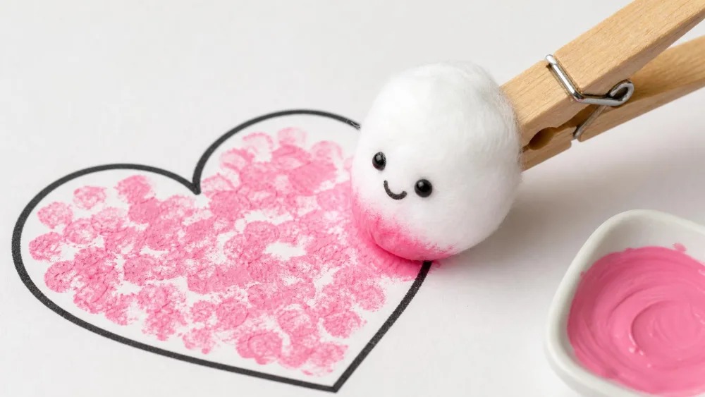 Cotton ball in a clothespin dabbing pink paint inside a heart outline.