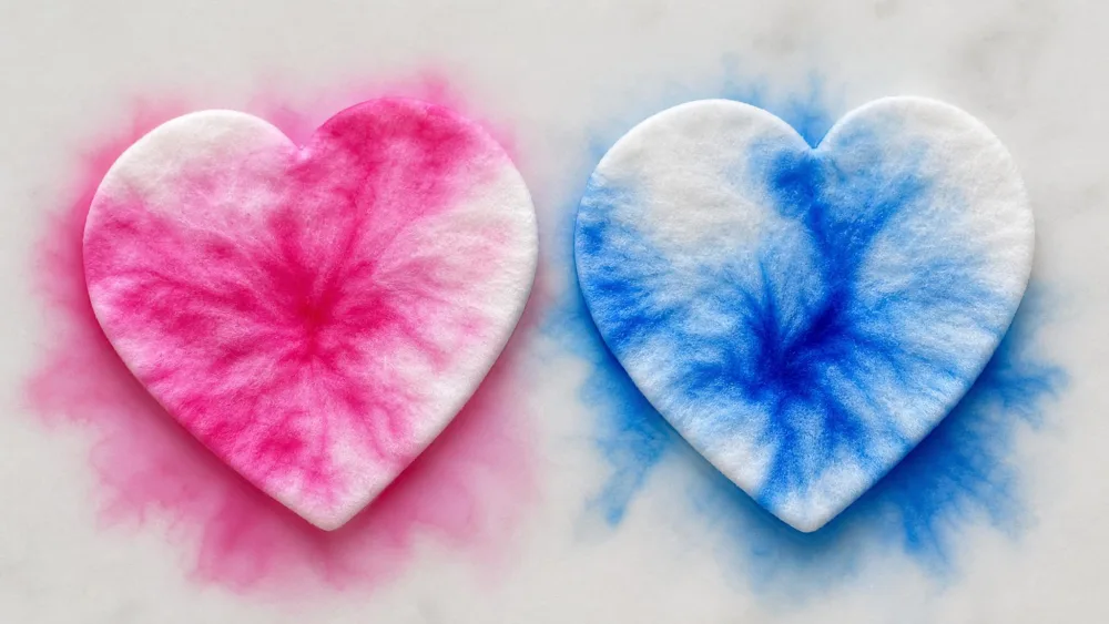 Heart-shaped cotton pads soaked with spreading pink and blue tie-dye ink.