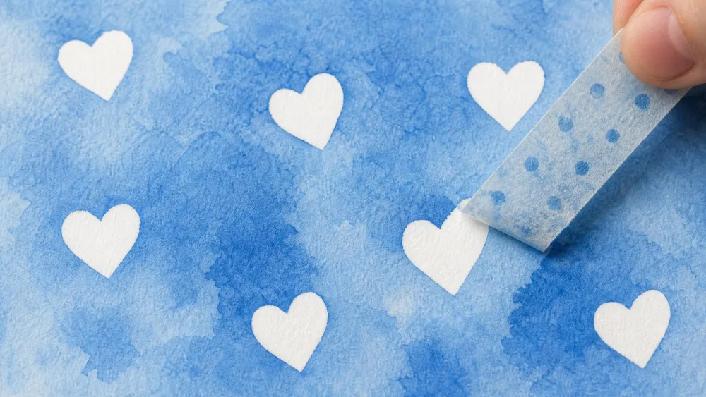 Washi tape peeling off blue watercolor to reveal crisp white hearts.