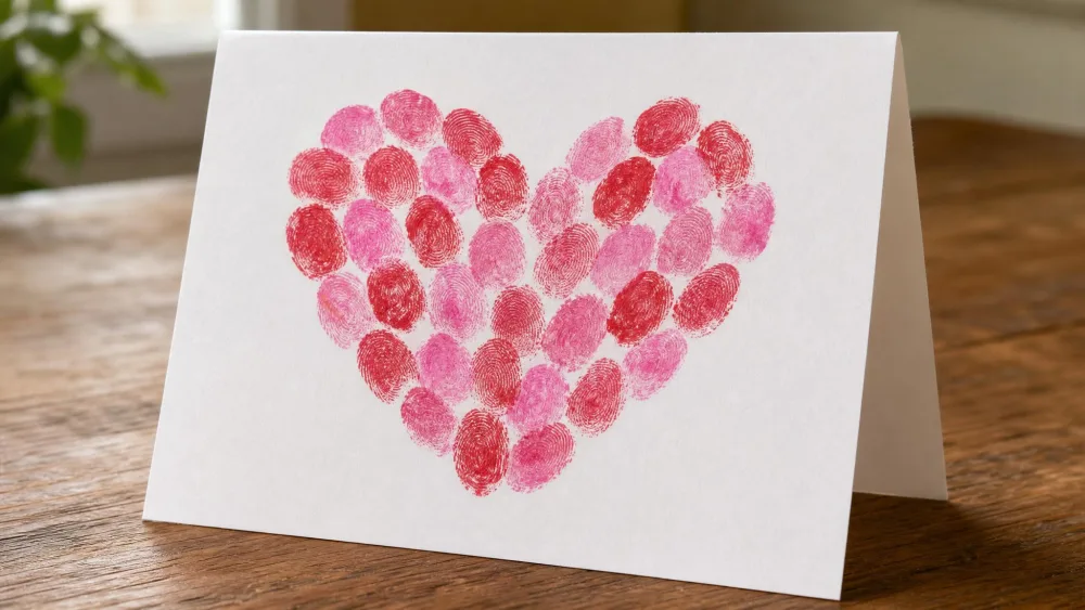 Folded card with a heart of a preschooler's red and pink fingerprints.