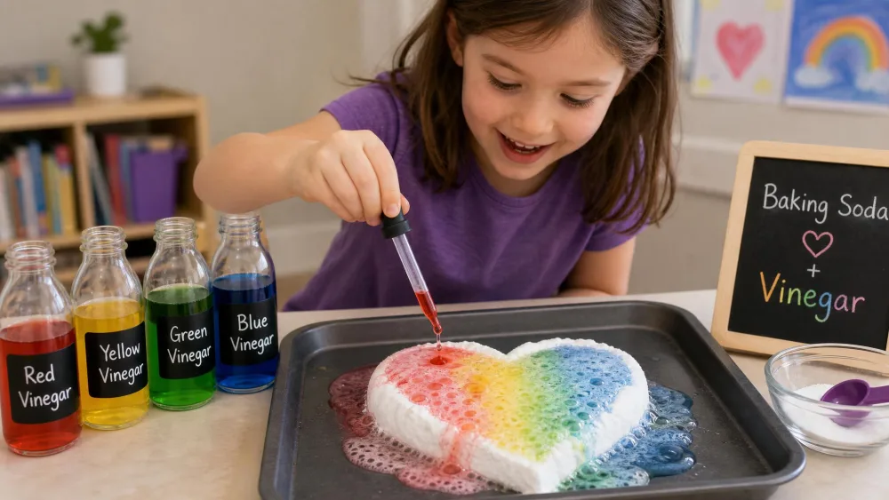 Child dropping colored vinegar onto a fizzing baking-soda heart on a tray.