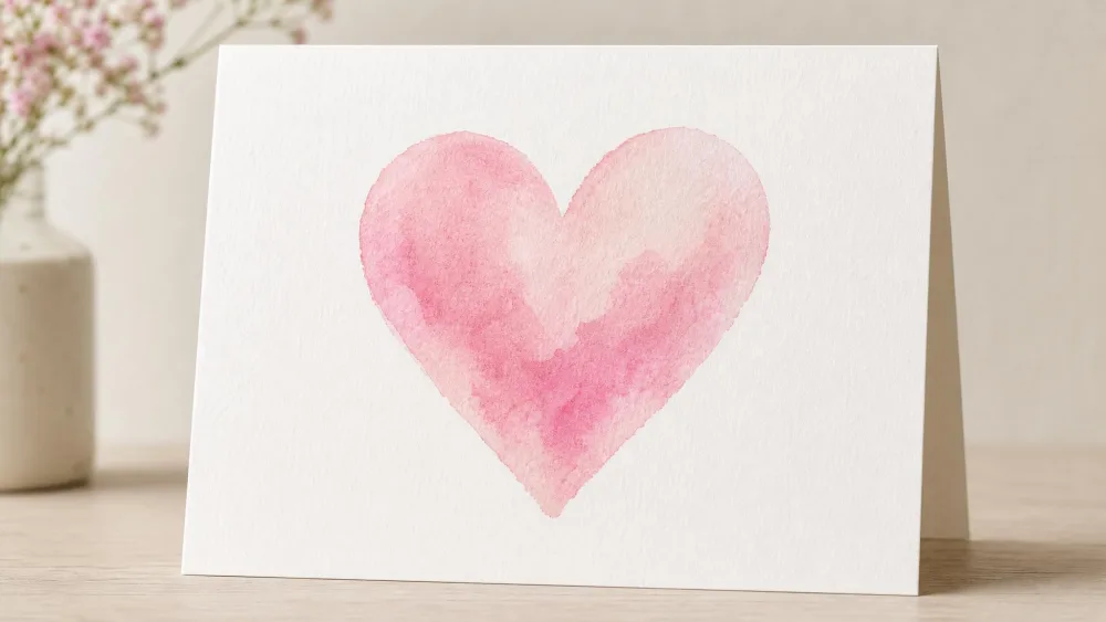 Card front with a soft watercolor-stamped heart in blended pink washes.