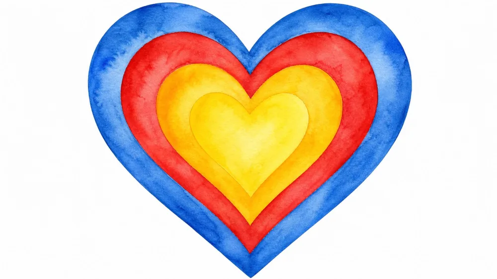 Heart filled with nested watercolor rings in blue, red, and yellow.