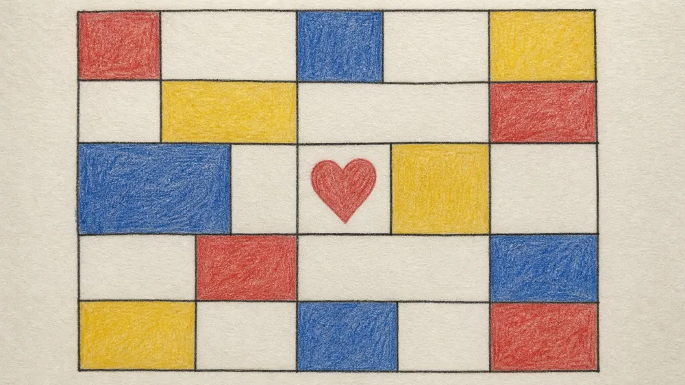Black-lined grid with red, blue, and yellow squares and one heart.