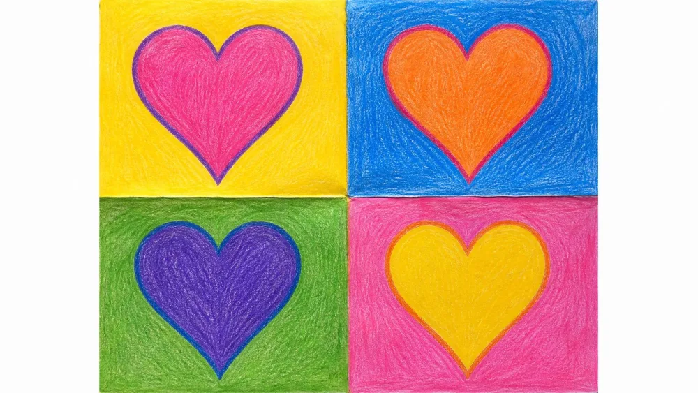 Paper folded in four squares, same heart in bright pop-art colors.