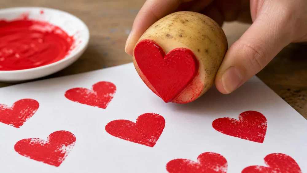 Heart-carved potato coated in red paint, stamping hearts on paper.