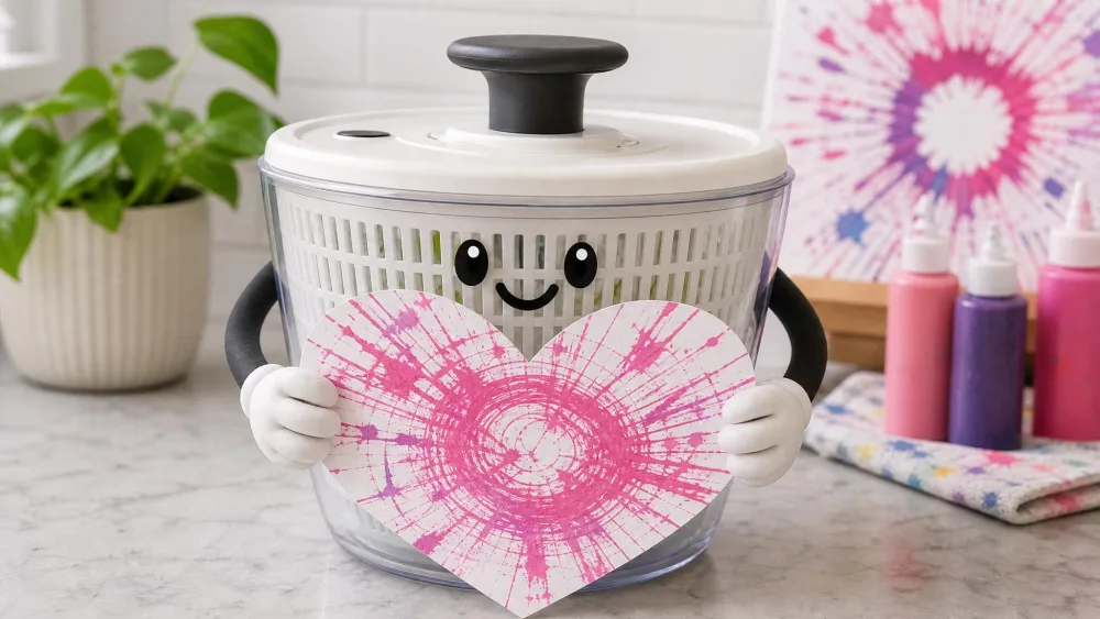 Salad spinner holding a paper heart splattered with pink spin-paint swirls.
