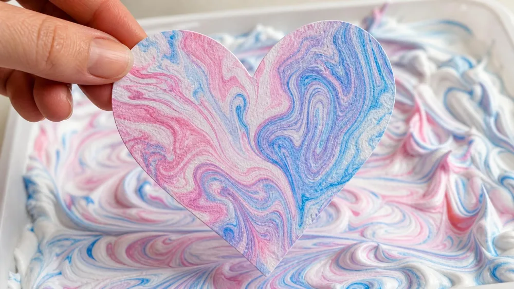 Paper heart lifted from swirled shaving cream, marbled pink and blue.