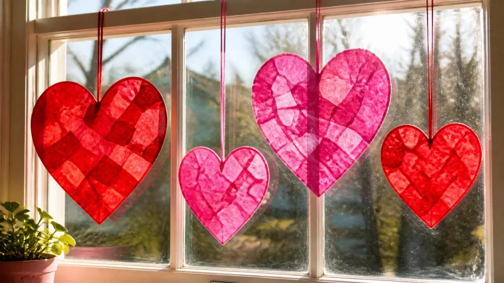 Tissue-paper heart suncatchers glowing on a sunny window in red and pink.