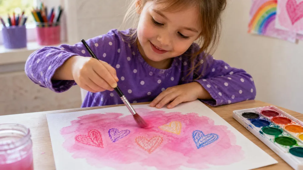 Child brushing pink watercolor over paper, revealing hidden wax-crayon hearts.