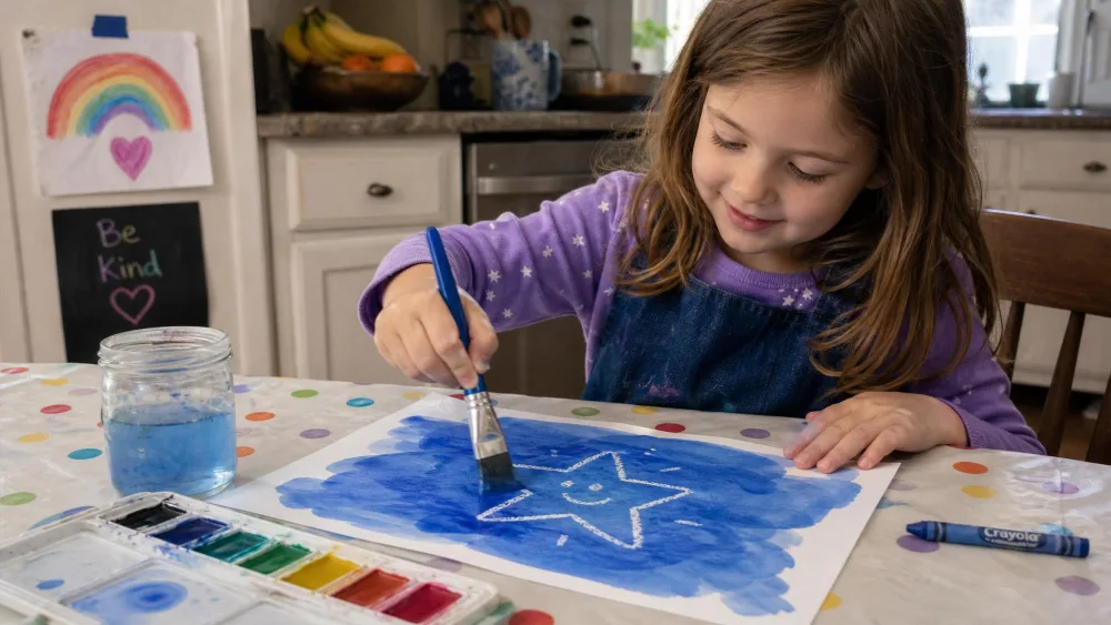 A six-year-old brushing blue watercolor across paper to reveal a hidden white-crayon star drawing, at a covered kitchen table.
