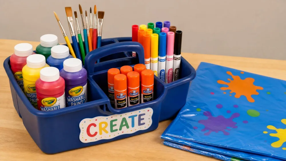 A tabletop art caddy holding washable paints, brushes, glue sticks, and markers beside a plastic tablecloth.