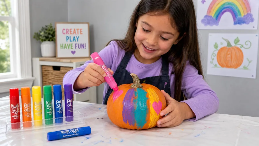 A child painting a small pumpkin with bright twist-up paint sticks on a covered table.