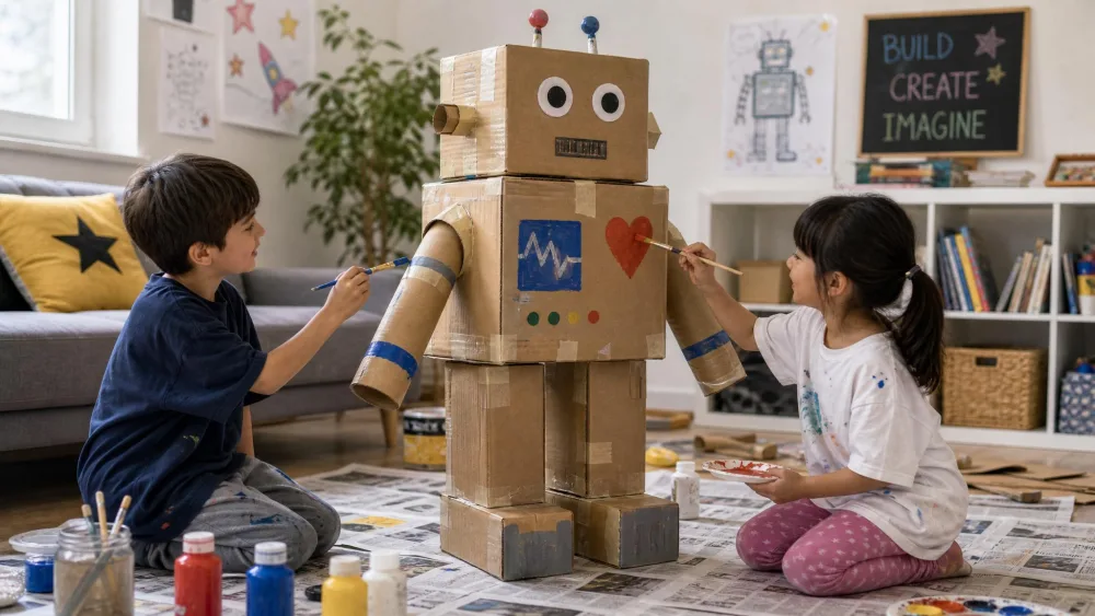 Two kids painting a tall robot built from taped cardboard boxes and paper-tube arms on a newspaper-covered floor.