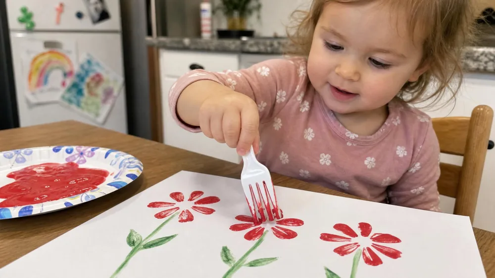 A toddler's hand stamping red flower petals onto white paper with a paint-dipped plastic fork at a kitchen table.