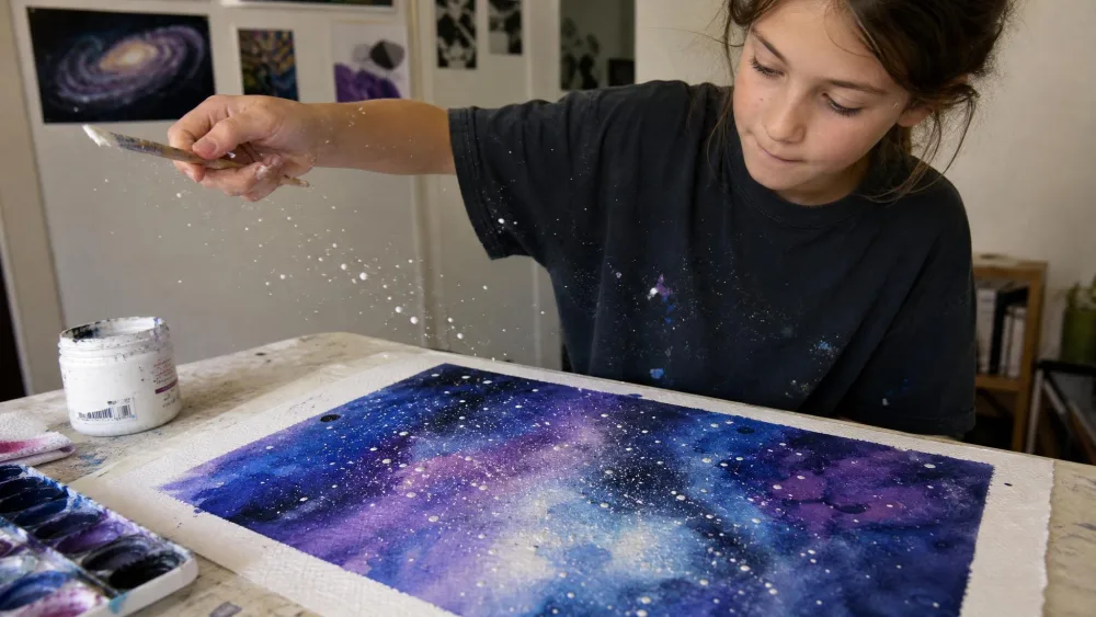 An older child flicking white paint over a wet blue-and-purple watercolor galaxy on thick paper.