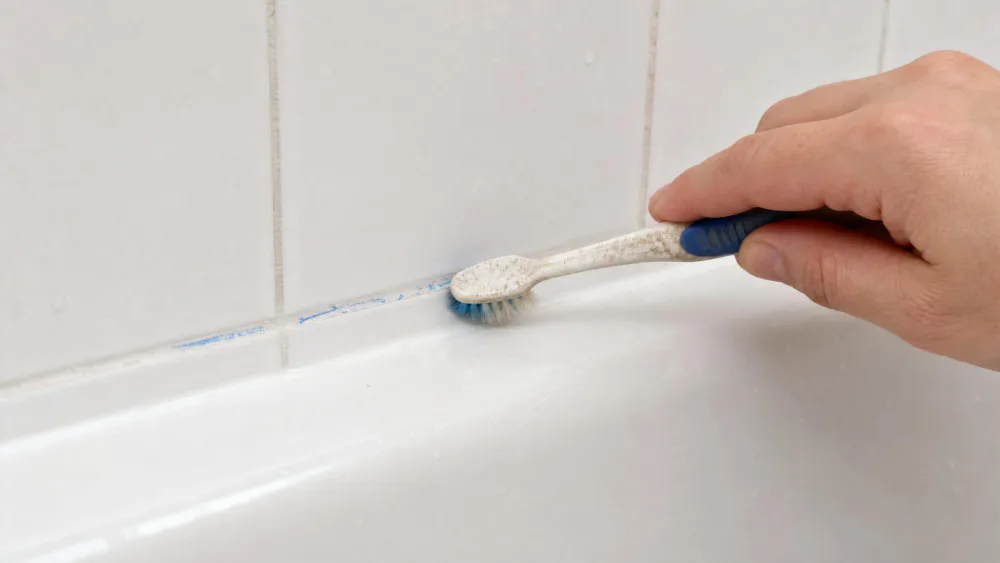 A hand using an old toothbrush to scrub a faint blue bath-crayon streak out of a white grout line between tub tiles.