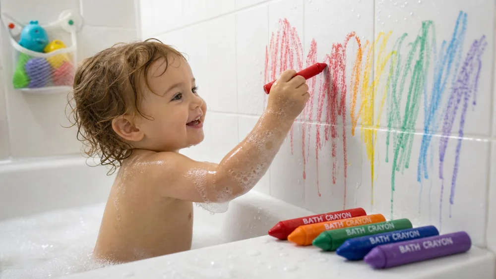 A toddler in a bubble bath drawing bright bath-crayon streaks on a white wet tile tub wall, with jumbo bath crayons on the tub edge.