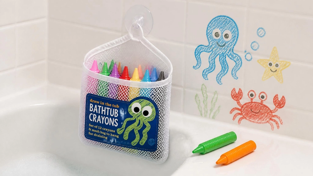 A mesh drainage bag full of twelve colorful SCS Direct bath crayons hanging by a suction hook on the side of a bathtub, with a couple of crayons drying on the tub edge.