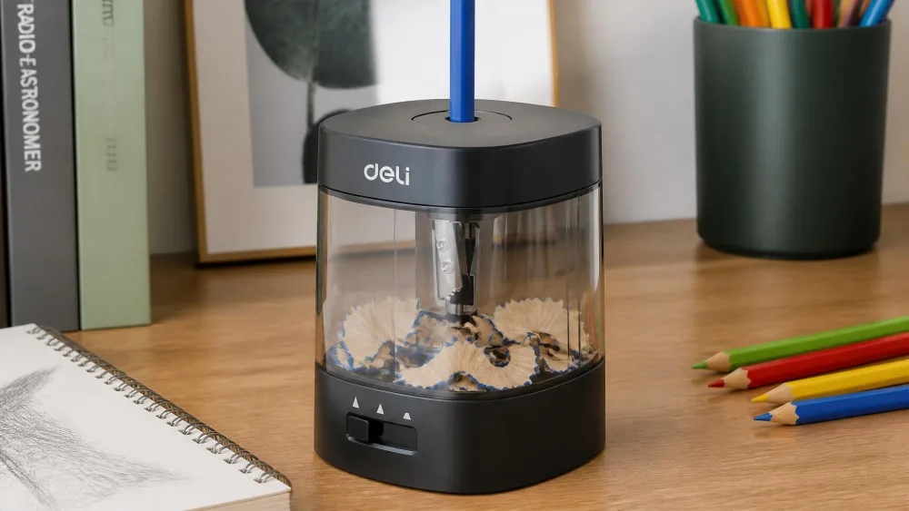 A Deli rechargeable electric sharpener on a table with a colored pencil inserted and its shavings box visible below.