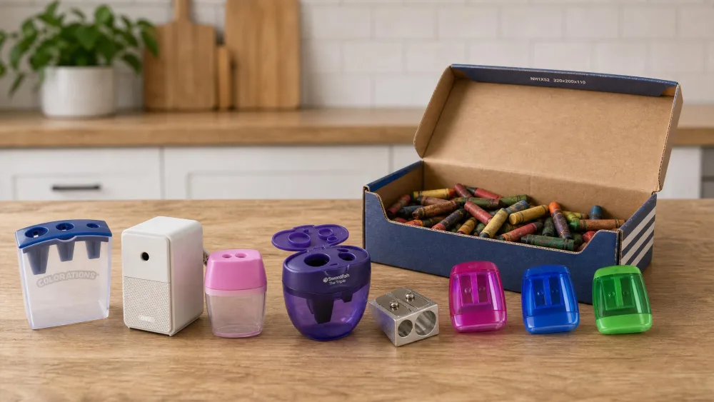 Seven crayon sharpeners lined up on a wooden kitchen table beside an open shoebox of stubby, well-used crayons.