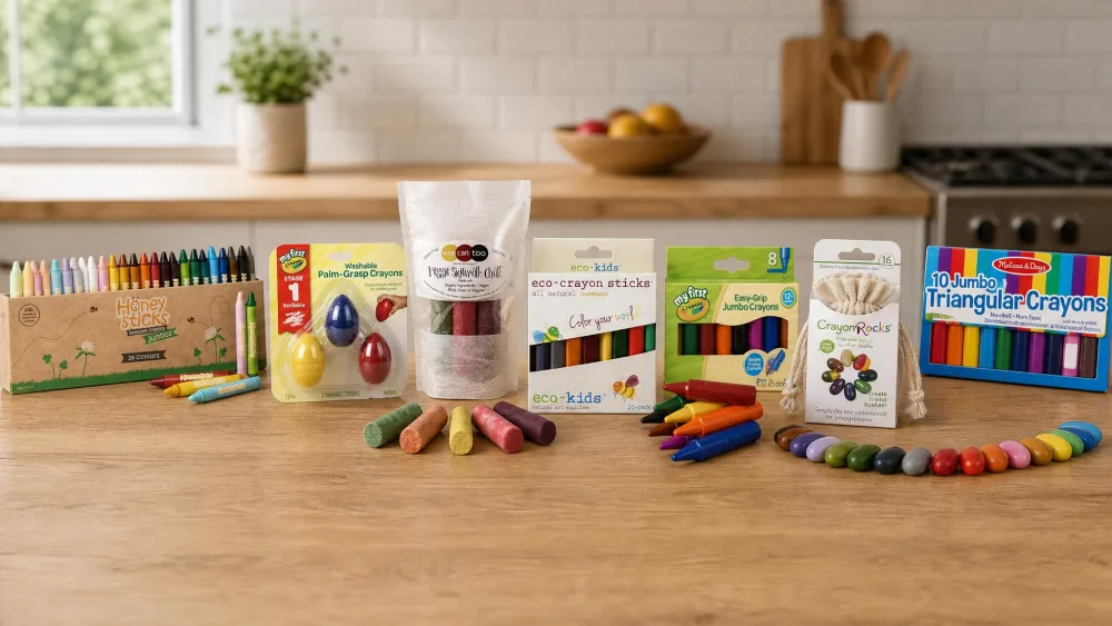 Seven sets of toddler crayons laid side by side on a wooden kitchen table, each beside its open box.