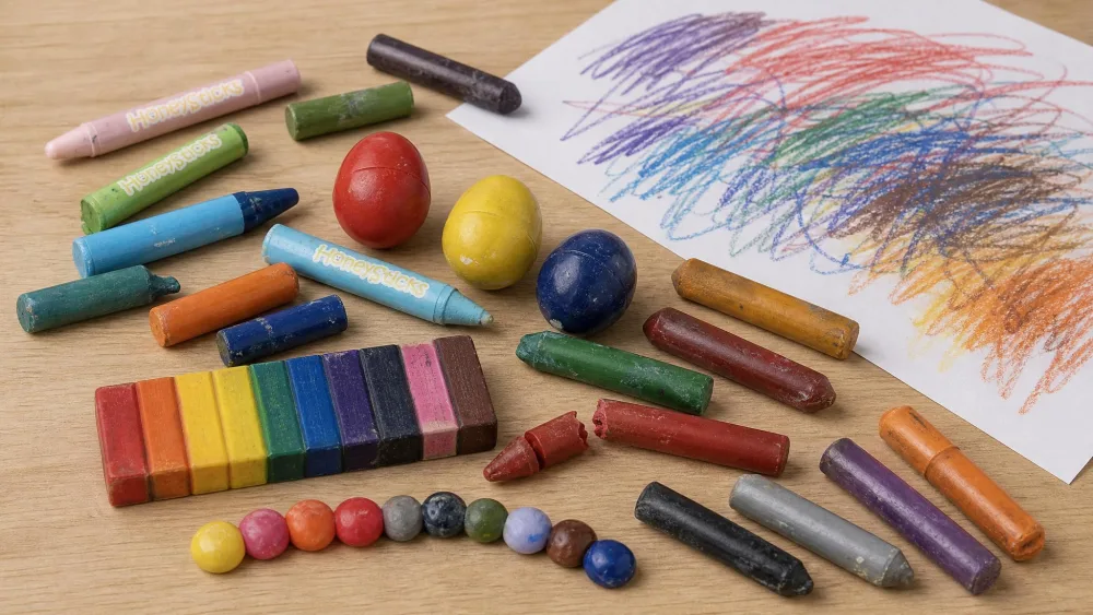 An assortment of toddler crayons scattered on a table after a durability check, some scuffed and one snapped, next to a page of broad scribbles.