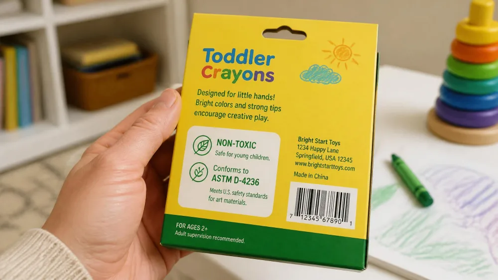 A parent's hand turning a box of toddler crayons to read the non-toxic and ASTM D-4236 safety label on the back.