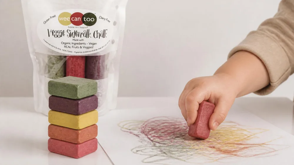 Five square Wee Can Too veggie baby crayons in muted plant-based colors stacked beside a toddler scribble on paper.
