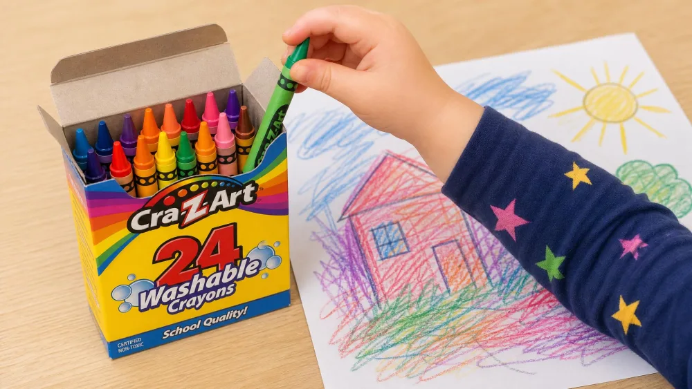 An open Cra-Z-Art 24-count crayon box on a table with a preschooler's hand pulling out a green crayon, several colorful scribbles filling a coloring sheet.