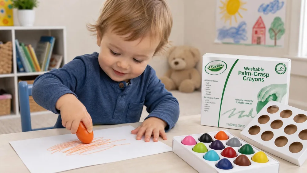 A young toddler palming a large orange egg-shaped Crayola crayon with a full-hand grasp, making a light mark on paper, with the twelve-count set arranged nearby.