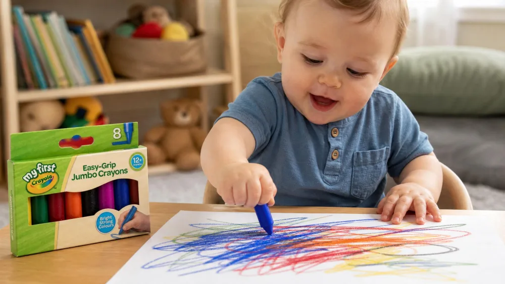 A one-year-old gripping a short jumbo Crayola crayon in a full fist, making broad marks on paper, with the eight-count box open nearby showing the stubby crayons.