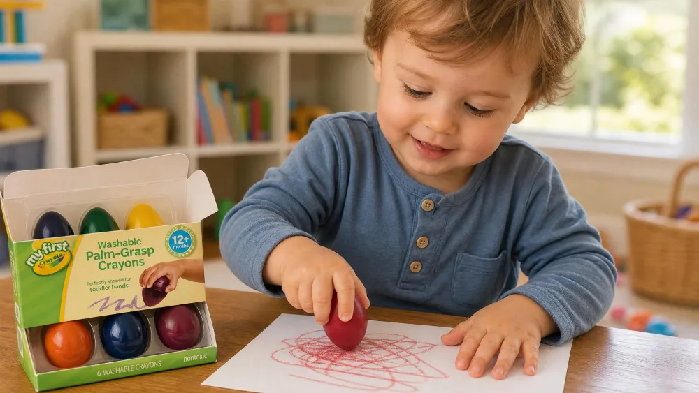 A toddler cupping a red Crayola My First Palm Grip egg-shaped crayon in one hand, scribbling on paper, with the six-count box open on the table.
