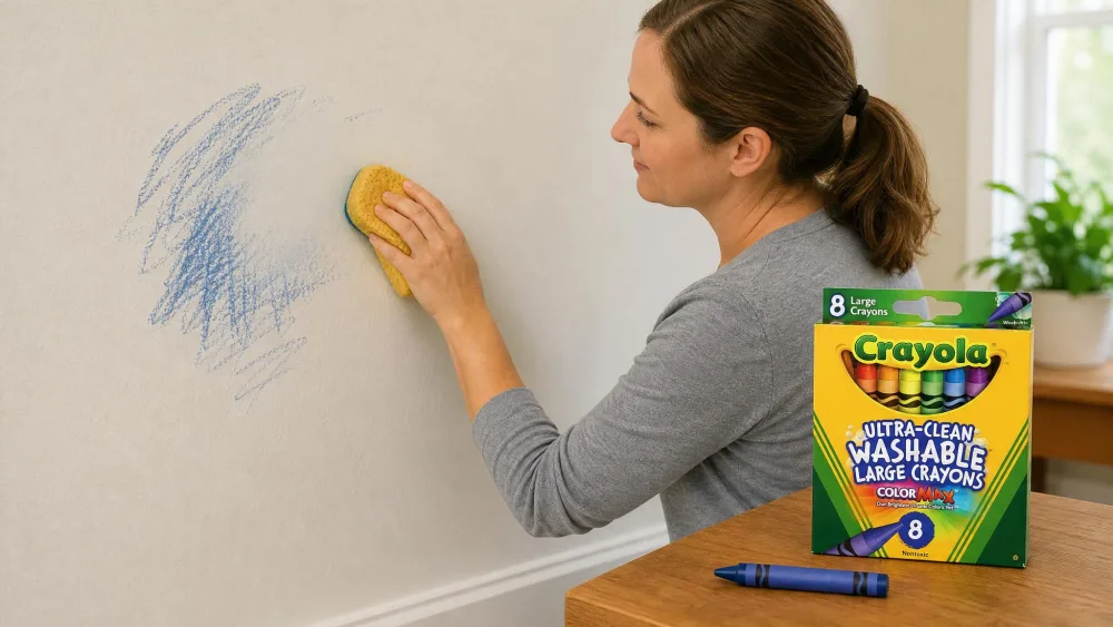 A parent wiping a blue Crayola washable crayon mark off a painted wall with a damp sponge, with the mark half-cleaned and the large crayon set on a nearby table.
