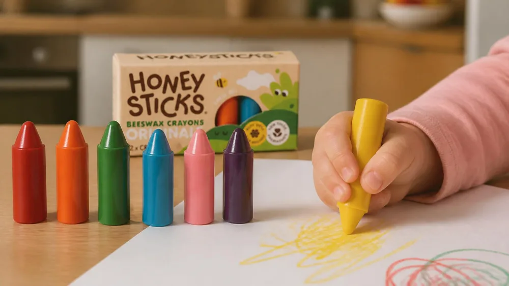 A toddler's hand holding a chubby yellow Honeysticks beeswax crayon upright on a table, with the twelve-color set spread out beside a coloring page.