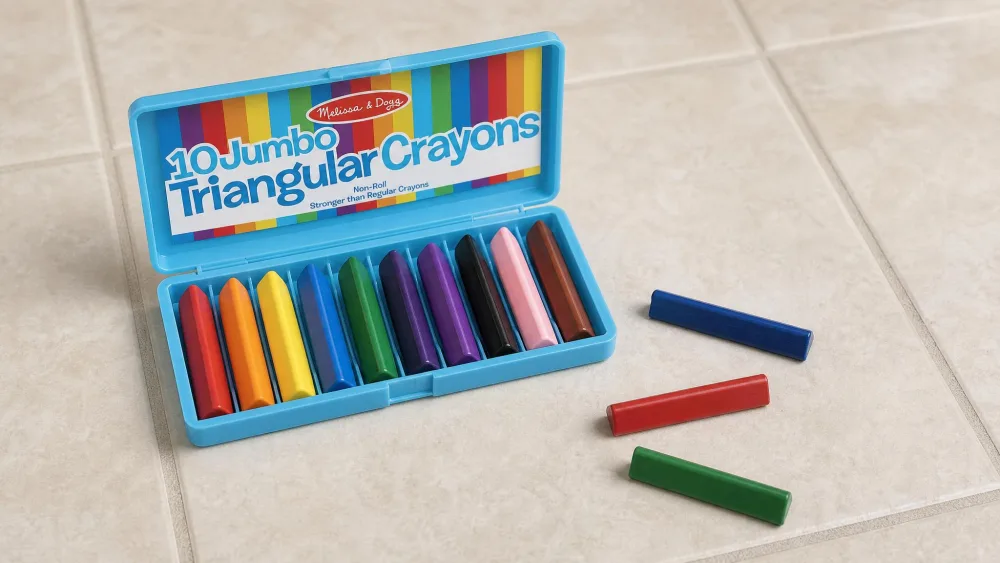 Three Melissa & Doug triangular plastic crayons resting undamaged on a tile floor after a drop, with the flip-top storage case open beside them.