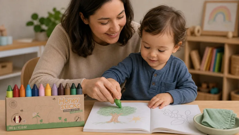 A parent sitting beside a toddler at a table, guiding a chunky crayon in the child's hand while a damp cloth and open coloring book sit within reach.