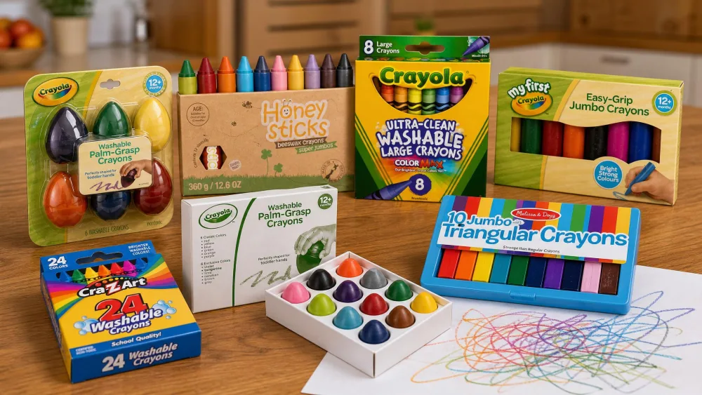 Seven sets of toddler crayons lined up on a wooden kitchen table, including chunky egg-shaped Crayola palm-grip crayons, Honeysticks beeswax sticks, and Melissa & Doug triangular crayons, with a sheet of scribbled paper beside them.
