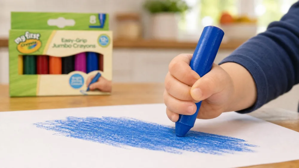 A toddler's fist wrapped around a chunky jumbo crayon, pressing a wide stroke of blue onto white paper at a kitchen table, with a box of crayons blurred in the background.