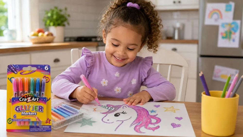 A preschooler adding sparkle to a drawing with a Cra-Z-Art glitter marker, hands clean, the open six-color pack on the kitchen table.