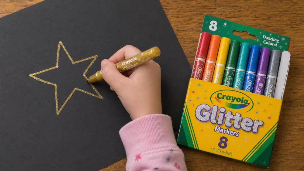 A child's hand drawing a star on black construction paper with a gold Crayola glitter marker, the open eight-count set lying beside the paper.