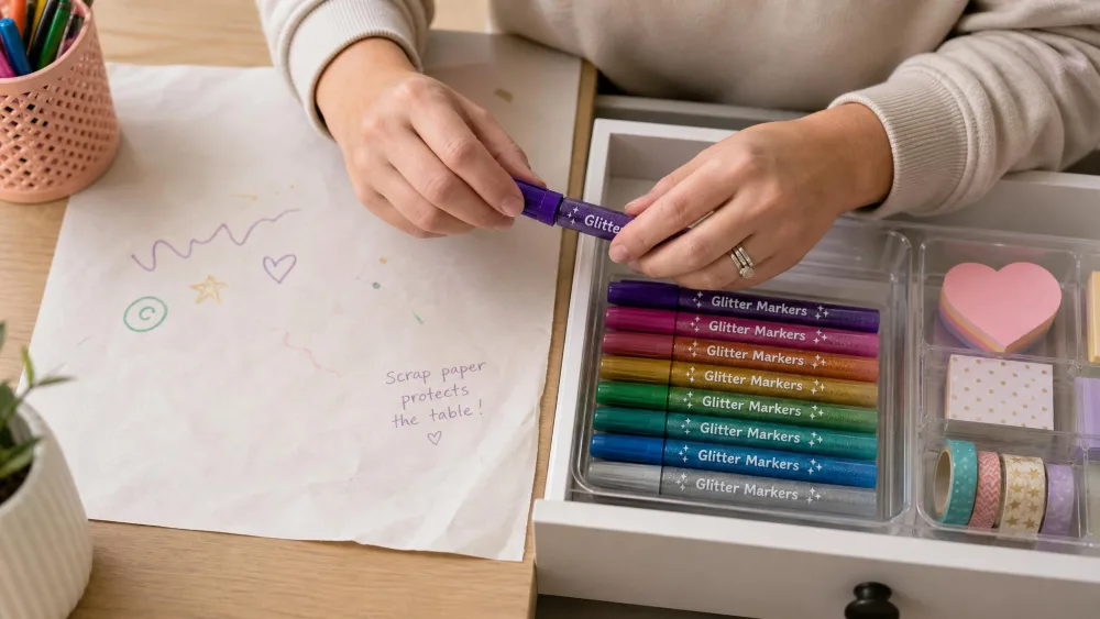 A parent capping a glitter marker tightly and laying the set flat in a drawer organizer, with scrap paper protecting the table underneath.