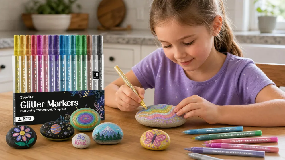 A child painting a smooth stone with a JusArt acrylic glitter marker at the kitchen table, the sixteen-color set and several painted rocks beside it.