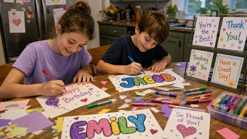 Two kids making glitter-marker greeting cards and bubble-letter name art at a kitchen table covered with scrap paper, finished cards drying nearby.