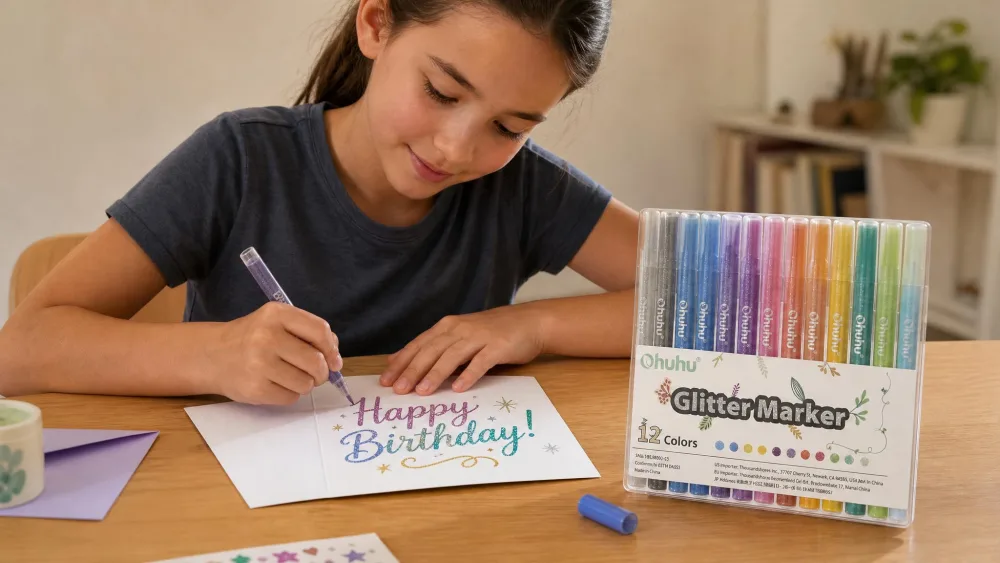 An older child lettering a birthday card with a fine-tip Ohuhu glitter marker, the twelve-color set with anti-roll caps lined up on the table.