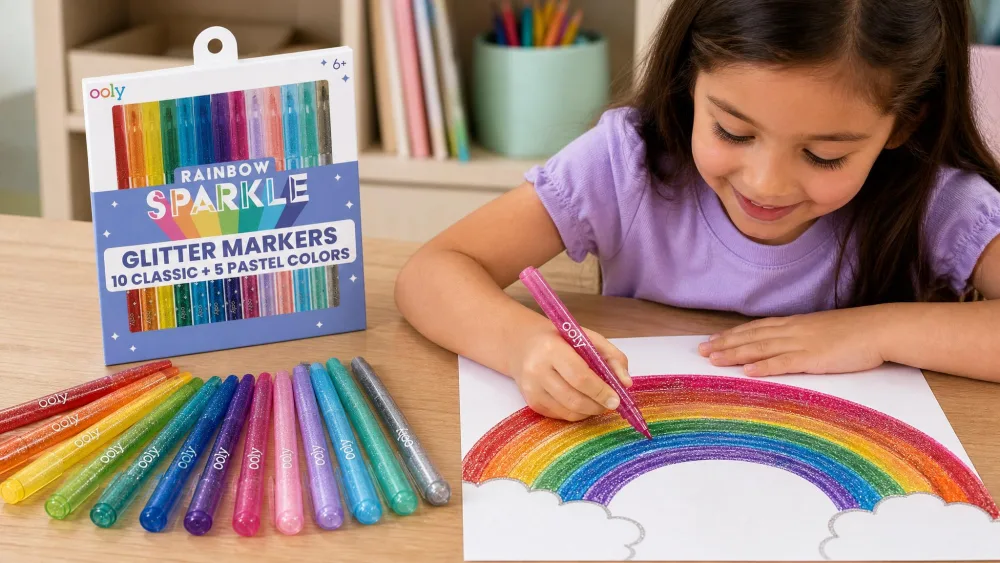 A young child using an Ooly Rainbow Sparkle glitter marker to color a rainbow on white paper, with the fifteen-marker set fanned out nearby.