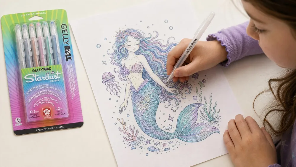 A child drawing a detailed mermaid on white paper with a fine Sakura Gelly Roll Stardust gel pen, the six-pen set lying nearby.